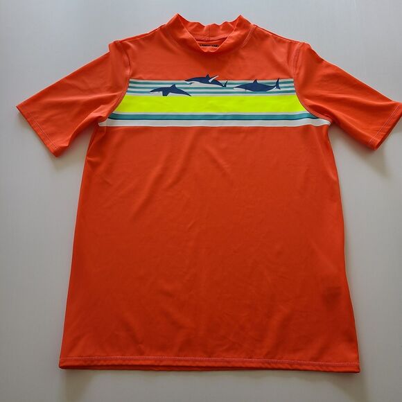 Lands’ End Short Sleeve Tee Rash Guard Swim Orange Sharks Size Large - Picture 1 of 7